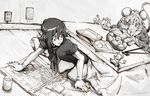  animal_ears black_hair bowl cup dowsing_rod electric_socket food fruit houjuu_nue monochrome mouse mouse_ears mouse_tail mtmy multiple_girls nazrin newspaper orange ribbon short_hair tail touhou 