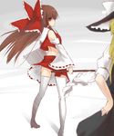  bad_id bad_pixiv_id blonde_hair boots bow brown_hair detached_sleeves from_behind gohei hair_bow hakurei_reimu hands_on_hips hat high_heels hsuliherng kirisame_marisa looking_back multiple_girls red_eyes shoes thigh_boots thighhighs touhou wind wind_lift witch_hat 