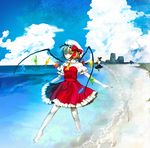  barefoot beach blonde_hair bow cloud crystal day dress flandre_scarlet hat hat_bow kirisame_marisa kodatino multiple_girls outdoors red_eyes sky touhou wading water wings witch_hat 