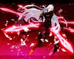  albino boots duke_pantarei gloves glowing kagio_(muinyakurumi) long_hair male_focus red red_background red_eyes silver_hair solo sword tales_of_(series) tales_of_vesperia weapon 