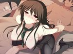  blush breasts brown_hair censored girl_on_top high_heels infinite_stratos large_breasts long_hair necktie orimura_chifuyu red_eyes 