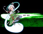  black_legwear blue_eyes blush hair_ribbon hairband highres katana konpaku_youmu konpaku_youmu_(ghost) open_mouth ribbon scabbard sheath shirt short_hair silver_hair skirt solo sword thighhighs touhou unsheathing vest weapon yuuzii 