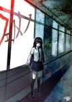  absurdres black_hair black_legwear blue_eyes hallway highres long_hair looking_at_viewer mitsurugi_yoishi namaniku_atk necktie official_art phenomeno pleated_skirt school_uniform signature skirt solo thighhighs 