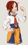  bad_id bad_pixiv_id clenched_hand clothes_around_waist eyelashes grey_background hair_ornament hairclip hand_on_hip hino_akane_(smile_precure!) kurage nanairogaoka_middle_school_uniform no_legs open_mouth ponytail precure red_eyes red_hair school_uniform short_hair skirt sleeves_rolled_up smile smile_precure! solo sweater sweater_around_waist wrist_flexed 