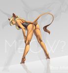  ? anthro barefoot bent_over blonde_hair blue_eyes breasts butt clothing cute detailed english_text feline female fur grey_background hair hand_on_knee human_feet kissaartist leotard lion long_hair looking_at_viewer looking_back mammal paws pinup plain_background pose raised_tail reflection seductive side_boob smile solo standing tail_tuft text tiptoes tuft yellow_fur 