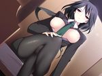  1girl areolae black_hair blush breasts breasts_outside highres infinite_stratos large_breasts legs legs_crossed long_hair looking_at_viewer necktie nipples no_bra open_clothes orimura_chifuyu pantyhose red_eyes serious sitting skirt solo suit thighs 