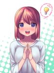  1girl blue_eyes blush hands_together lightbulb looking_at_viewer open_mouth original red_hair saiste short_hair smile solo 