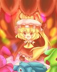  ascot blonde_hair blush chibi curtains flandre_scarlet hat highres open_mouth red_eyes short_hair side_ponytail skirt skirt_set smile solo stuffed_animal stuffed_toy tanikake_yoku touhou wings 