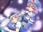  breasts closed_eyes dutch_angle ear_cleaning hairband hat japanese_clothes kimono konpaku_youmu lap_pillow large_breasts mimikaki multiple_girls pink_hair red_eyes saigyouji_yuyuko sako_(bosscoffee) short_hair silver_hair smile touhou triangular_headpiece yuri 