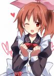  ;d abe_nana bad_id bad_pixiv_id blush bow brown_hair fujishiro_emyu heart idolmaster idolmaster_cinderella_girls maid one_eye_closed open_mouth ponytail red_eyes ribbon smile solo 