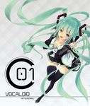  boots breasts character_name cleavage detached_sleeves green_eyes green_hair hatsune_miku headphones long_hair looking_at_viewer necktie open_mouth oyeung skirt small_breasts solo thigh_boots thigh_gap thighhighs twintails very_long_hair vocaloid 