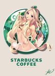  bangle blonde_hair blue_eyes bracelet breasts chocolate easy_(easycrew) emblem hair_censor hair_over_breasts jewelry large_breasts long_hair navel nude pendant signature solo star starbucks starbucks_siren tiara wavy_hair 