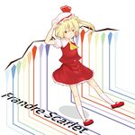  ascot blonde_hair character_name dress error flandre_scarlet hand_on_own_head hat hat_ribbon kawashina_(momen_silicon) red_eyes ribbon side_ponytail simple_background solo touhou typo white_background wings 