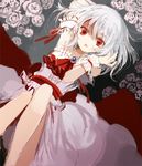  arms_up bad_id bad_pixiv_id cierra_(ra-bit) dress fang no_hat no_headwear open_mouth red_eyes remilia_scarlet short_hair silver_hair solo touhou wings wrist_cuffs 