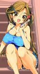  bad_id bad_pixiv_id bare_shoulders breasts brown_eyes brown_hair covered_nipples denim denim_shorts fang hair_ornament hairclip heart large_breasts long_hair open_clothes open_mouth open_shirt original shirt shorts sitting sitting_on_stairs smile solo stairs twintails uk-works very_long_hair 