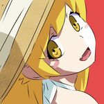  blonde_hair face hat head_tilt long_hair lowres monogatari_(series) nisemonogatari oshino_shinobu red_background shaft_look simple_background solo sun_hat yellow_eyes 