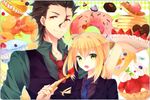  1girl ahoge ajuvyrvosjfj apollo_chocolate artoria_pendragon_(all) bad_id bad_pixiv_id black_hair blonde_hair blue_neckwear candy character_name chocolate chocolate_heart doughnut fate/zero fate_(series) food fork formal fruit green_eyes heart jelly_bean lancer_(fate/zero) long_hair macaron mole mole_under_eye necktie pancake pon_de_ring ponytail red_neckwear saber sprinkles stack_of_pancakes strawberry suit sweets vest waistcoat yellow_eyes 