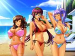  beach bikini brown_hair glasses ponytail purple_eyes purple_hair suntan swimsuit twintails 