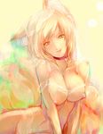  :p animal_ears blonde_hair breasts brown_eyes chain collar curvy dearmybrothers fox_ears fox_tail groin head_tilt highres large_breasts leash looking_at_viewer multiple_tails nipples no_hat no_headwear nude pose seductive_smile short_hair sitting smile solo tail tongue tongue_out touhou yakumo_ran 