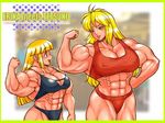  2girls abs biceps bikini blonde_hair blonde_hair_hair blush breasts brown_eyes extreme_muscles eyeshadow flex flexing huge_breasts kinsyo lips makeup multiple_girls muscle pose swimsuit 