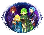  3boys blonde_hair blue_hair cape green_hair happy jodesu kratos_aurion long_hair martel_(tales) mithos_yggdrasill multiple_boys ponytail red_hair spiked_hair tales_of_(series) tales_of_symphonia yuan_(tales) 