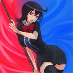  ahoge black_hair black_legwear bow bowtie bukimi_isan dress hips houjuu_nue open_mouth polearm red_eyes short_hair solo thighhighs touhou weapon wide_hips zettai_ryouiki 