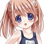  arizuki_shiina artist_request blue_eyes blush brown_hair face hair_ornament hairclip kud_wafter little_busters! lowres one-piece_swimsuit portrait quad_tails school_swimsuit short_hair solo swimsuit 