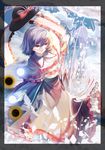  absurdres ahoge arm_up blue_sky capelet cloud danmaku day energy_ball frame hat hat_removed hat_ribbon headwear_removed highres lamase_(41) nagae_iku purple_hair red_eyes ribbon shawl shirt short_hair skirt sky smile solo touhou 