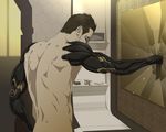  adam_jensen angry bathroom bottle box broken brown_hair closed_eyes cyberpunk cyborg deus_ex deus_ex:_human_revolution gb_(doubleleaf) male_focus mirror muscle nude punching science_fiction solo spoilers 