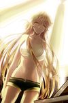 artist_request bare_shoulders belt blonde_hair book bra breasts green_eyes large_breasts lingerie long_hair lowres navel pointy_ears shorts solo sword_girls treanna underwear 
