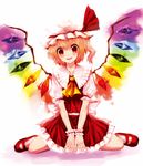  ascot bad_id bad_pixiv_id blonde_hair blush flandre_scarlet glowing glowing_wings hal360 hat hat_ribbon head_tilt highres long_hair open_mouth red_eyes red_footwear ribbon shirt shoes side_ponytail sitting skirt skirt_set smile solo touhou v_arms wariza wings wrist_cuffs 
