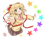  :d blonde_hair blue_eyes bow kamikita_komari little_busters! natsu_(norari_kurari) no_legs open_mouth outstretched_arms pink_bow plaid plaid_skirt ribbon school_uniform short_hair sketch skirt smile solo spread_arms star sweater twintails 