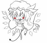  ascot blush_stickers chibi fang flandre_scarlet greyscale hachachi hat laevatein lineart monochrome smirk solo spot_color teeth touhou 