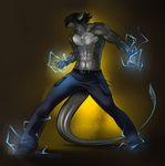  belt black_hair bracelet chain clothing hair hybrid jewelry magic male pants shoes short_hair solo spearfrost standing tattoo topless 