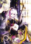  absurdres bachi ball barefoot bird birdcage bow cage cat hair_bow highres instrument japanese_clothes kimono kuramoto_kaya lantern long_hair looking_at_viewer original owl pale_skin plectrum purple_eyes ribbon shamisen sitting solo temari_ball white_hair 