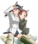  animal_ears black_hair blush brown_eyes brown_hair eyepatch eyepatch_lift heterochromia hi-ho- long_hair military military_jacket military_uniform minna-dietlinde_wilcke multiple_girls no_pants purple_eyes sakamoto_mio school_swimsuit simple_background strike_witches striker_unit swimsuit swimsuit_under_clothes uniform white_background world_witches_series 