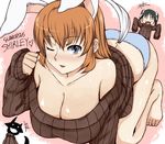  animal_ears bare_shoulders barefoot blue_eyes blue_panties blush breasts brown_hair bunny_ears charlotte_e_yeager cleavage fang francesca_lucchini huge_breasts komusou_(jinrikisha) long_hair miyafuji_yoshika multiple_girls one_eye_closed open_mouth panties ribbed_sweater silhouette_demon smile strike_witches sweater underwear world_witches_series 