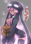  black_legwear box breasts cleavage container enderman glowing glowing_eyes green_eyes hair_ornament holding hood hoodie kazami_ryouya long_hair long_sleeves minecraft naked_hoodie personification purple_hair shaded_face simple_background sleeves_past_wrists small_breasts smile solo thighhighs zettai_ryouiki zipper 