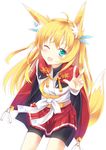  ;d ahoge animal_ears aqua_eyes bad_id bad_pixiv_id bike_shorts blonde_hair blush cape fang fox_ears fox_tail highres long_hair looking_at_viewer nibiiro_shizuka one_eye_closed open_mouth original pleated_skirt simple_background skirt smile solo tail white_background 