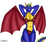  amber_eyes blue_skin bra breasts dragon female green_hair hair horn panties sigma_x solo underwear wings 