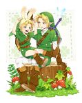  animal_ears ar_(rikuesuto) belt blonde_hair blue_eyes bunny_ears fairy gloves hat highres link multiple_boys navi pointy_ears shield smile sword the_legend_of_zelda the_legend_of_zelda:_ocarina_of_time time_paradox weapon young_link 