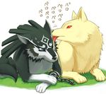  animal bad_id bad_pixiv_id blue_eyes chain cuffs dual_persona licking link link_(wolf) lying no_humans on_stomach red_eyes shackles shiwashiwa_no_kinchakubukuru the_legend_of_zelda the_legend_of_zelda:_twilight_princess white_background wince wolf 