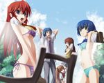  4girls ano_natsu_de_matteru bikini blush breasts enatetsu eyewear_view frilled_bikini frills glasses ishigaki_tetsurou kitahara_mio multiple_girls navel pov side-tie_bikini sideboob skirt skirt_lift small_breasts swimsuit takatsuki_ichika tanigawa_kanna underboob x-ray_glasses x-ray_vision yamano_remon 