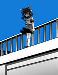  alternate_costume ascot blue_sky day hakurei_reimu long_hair monochrome railing rooftop school_uniform serafuku skirt sky solo touhou ume_(noraneko) 