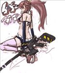  anti-materiel_rifle bare_shoulders belt bikini_top breasts butt_crack elbow_gloves fingerless_gloves flame_print gloves gun hair_ornament hairclip long_hair panties_(pantsu-pirate) pink_legwear ponytail red_hair rifle scarf short_shorts shorts sideboob small_breasts sniper_rifle solo tengen_toppa_gurren_lagann thighhighs underboob weapon yellow_eyes yoko_littner 