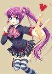  :d bad_id bad_pixiv_id blue_eyes bow foreshortening hair_bobbles hair_ornament hairclip little_busters! long_hair mochiko_(mochiko3121) open_mouth pink_bow purple_hair saigusa_haruka school_uniform side_ponytail smile solo striped striped_legwear thighhighs v zettai_ryouiki 