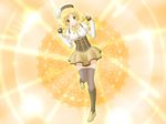  blonde_hair blush boots bow breasts color_connection double_v drill_hair elbow_gloves fingerless_gloves gloves hat leg_lift mahou_shoujo_madoka_magica medium_breasts parody precure puffy_sleeves shamoji_no_ossan skirt smile smile_precure! solo striped thighhighs tomoe_mami twin_drills twintails v vertical_stripes yellow_background yellow_eyes 