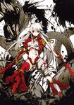  absurdres ahoge asymmetrical_clothes dual_wielding g_yuusuke gloves highres holding inkblot long_hair looking_at_viewer midriff navel original red_eyes scan single_thighhigh snake solo thighhighs white_hair 
