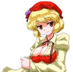  aki_minoriko alphes_(style) blonde_hair bow breasts brown_eyes cleavage food fruit grapes hat large_breasts mono_(moiky) neck_ribbon parody ribbon short_hair smile solo style_parody touhou transparent_background upper_body 