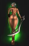  breasts butt elf female gloves glowing green_eyes hair human looking_at_viewer looking_back nipples pussy short_hair side_boob smirk solo spearfrost standing sweat sword thong topless underwear weapon white_hair 